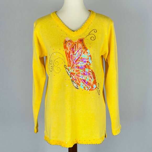 Vtg Quacker Factory Butterfly Sweater Sz S Yellow Sequin Beaded Fairycore Beach - Picture 1 of 6